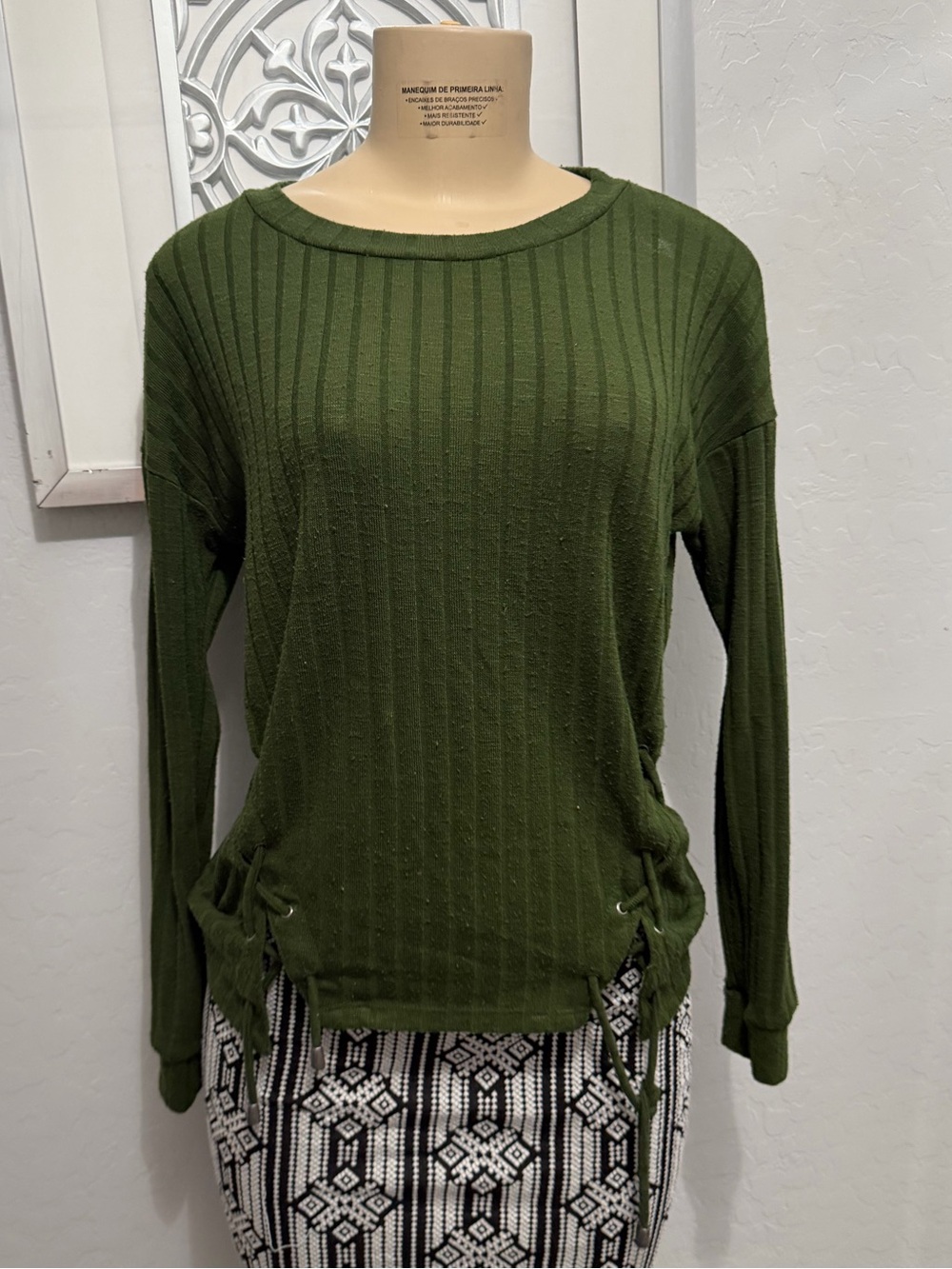 Wanderlust Olive Green Ribbed Long Sleeve Top with Side Ties